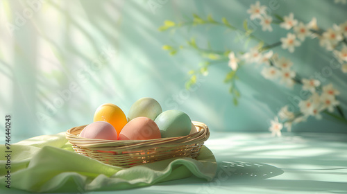 Colorful easter eggs in the wicker basket on the soft blue background with spring flowers