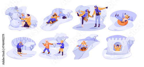 Collection of winter outdoor funny activity, children playing snowballs, making snowman, skiing, creating snow castle, riding on sledge. Couple ice skating. Wintertime holiday. Vector illustration