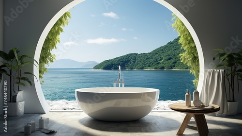 Sea view from circle window with bathtub Generative AI