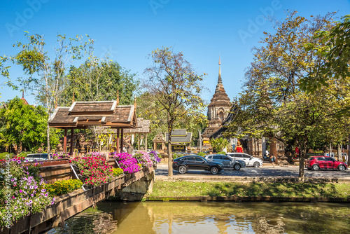 View at the Flower bridge over canal near Wat of Lok Moli in the streets of Chiang Mai town - Thailand