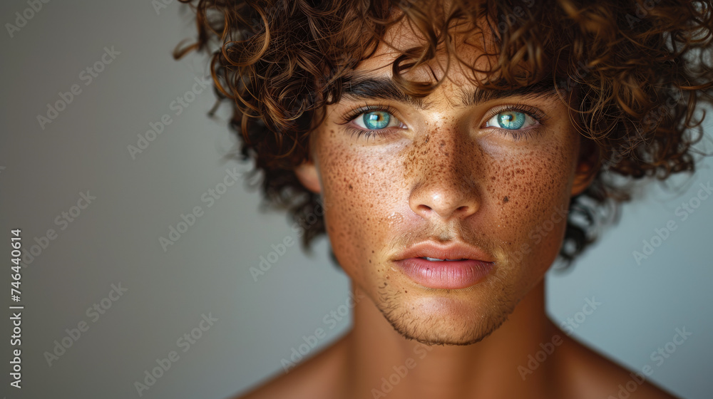 Generative ai illustration of a Red head model boy with curly hair shiny face Generative ai illustration of a Red head model boy with curly hair shiny face