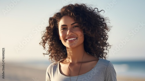 Close-up of a Happy Smiling Woman with curly flying hair looking at the camera against the background of the Beach, the Sea and the Blue Sky. Travel, Summer, Vacation concepts.