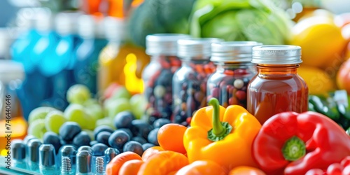 Vitamin healthy care medicine with fresh fruit and vegetable 