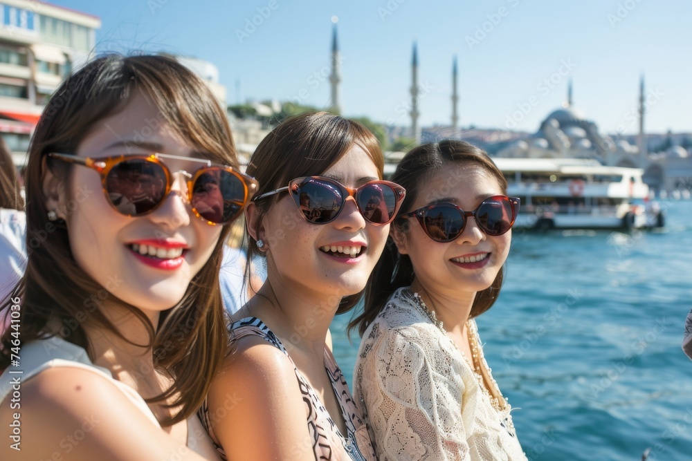 友達と海外旅行に行く3人の日本人女性（カラフル・映え・SNS・旅行・女子旅）
