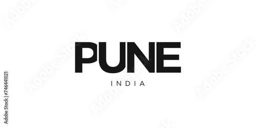 Pune in the India emblem. The design features a geometric style, vector illustration with bold typography in a modern font. The graphic slogan lettering.