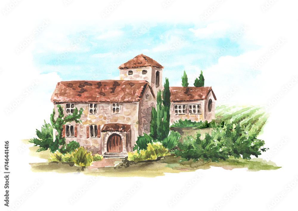 Landscape with  vineyard and Tuscan Chateau. Hand drawn watercolor illustration  isolated on white background