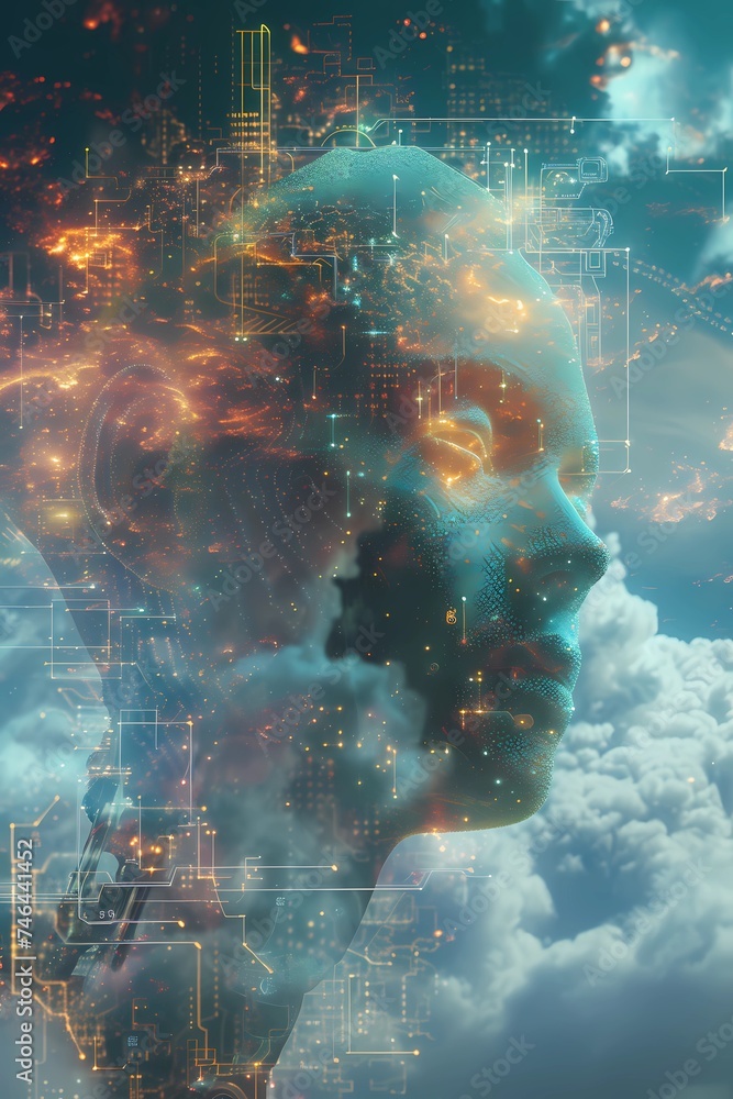 Side view of a humanoid head representing futuristic technology and artificial intelligence. A look into the future Side view of a humanoid head representing futuristic technology and artificial intelligence. A look into the future