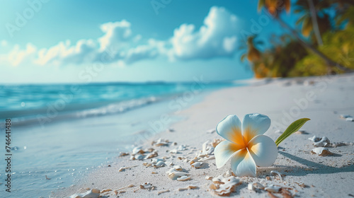 beautiful tropical beach background with white flowers © EvhKorn