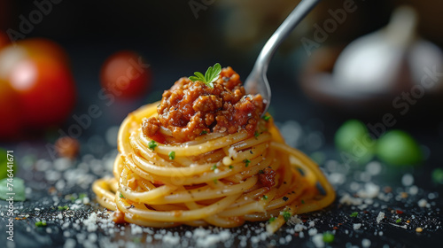 Generative ai illustration of a spaghetti with sauce bolognese on fork in close up