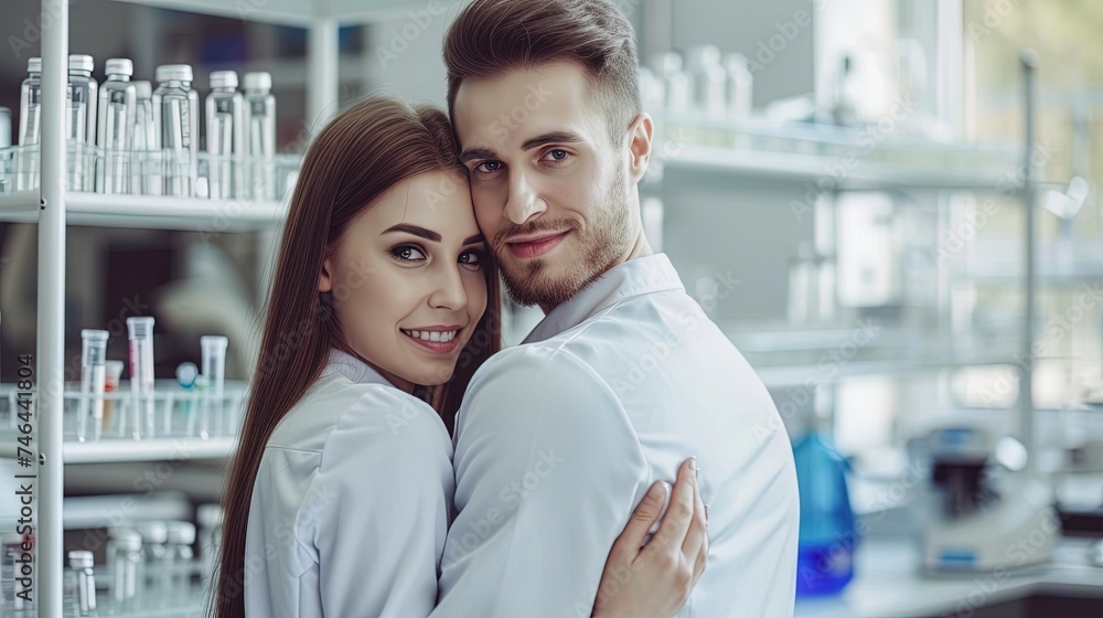 Beautiful young couple in a hospital or laboratory undergoing medical tests or fertility treatment, blurred test tubes in the background, In vitro fertilization or checkup
