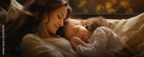 Beautiful young mom and her cute baby, they are lying on the couch and enjoying happy moments