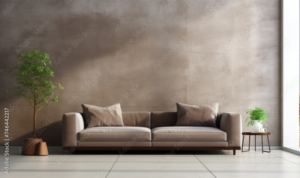Modern living room interior with bright creamy sofa - obrazy, fototapety, plakaty 
