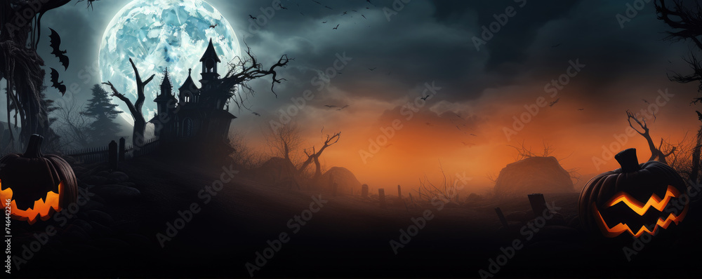 Scary Halloween pumpkins dark background. Halloween background, copy space for text.
