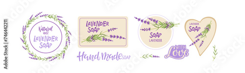 Set of labels for packaging handmade lavender soap. Lavender Flower herbal icon. Lavender grass Vector flat Illustration for home made natural organic product shop. Herbal organic lavender badge.
