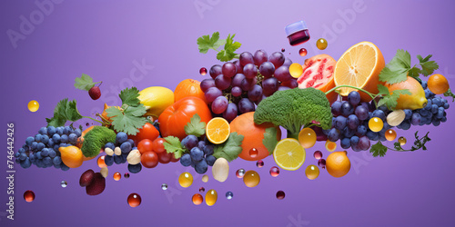 Fruit and juice in a splash, Splash of Colorful Blueberry, A bunch of fruits that are on a blue background