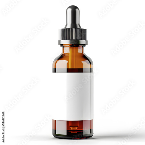 Amber glass dropper bottle with a blank label mock up isolated on white background