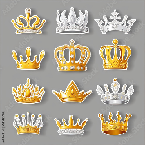 Golden Crowns and Silver Tiaras. Sticker Collection. Multiple. Vector Icon Illustration. Icon Concept Isolated Premium Vector.