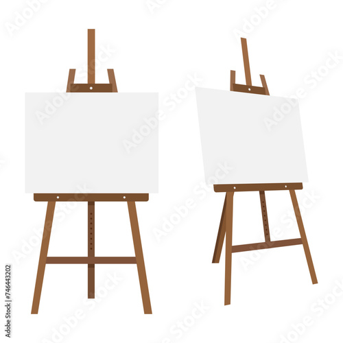 Vector set of sienna brown wooden easels with empty blank canvases mockup. Vector illustration