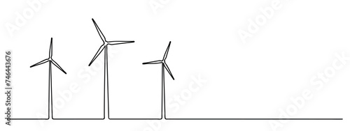 wind power one line art, single continuous line art wind generator, green energy electricity, windmill tower, black line vector illustration, editable stroke, horizontal design element © Liena