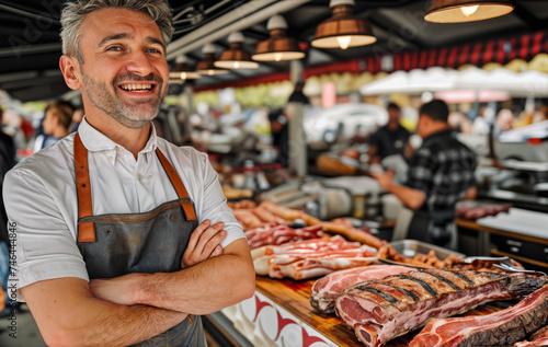 Young butcher at the store created with Generative AI technology