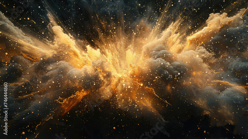 Abstract background, colorful powder explosions on dark background, smoke effect in yellow, gold, grey and black