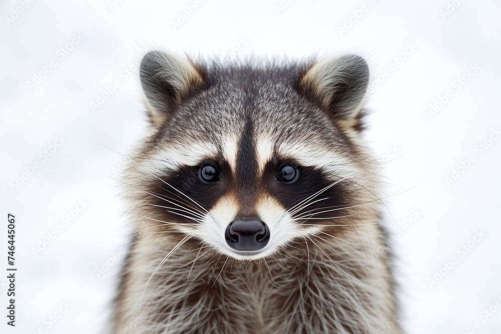 Raccoon portrait isolated on white background. Front view cute animal face