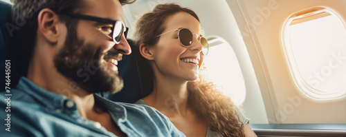 Happy young couple sitting in the airplane, flying to their vacation by plane. Active lifestyle concept