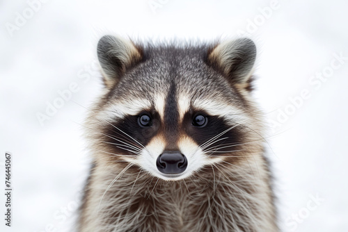 Raccoon portrait isolated on white background. Front view cute animal face