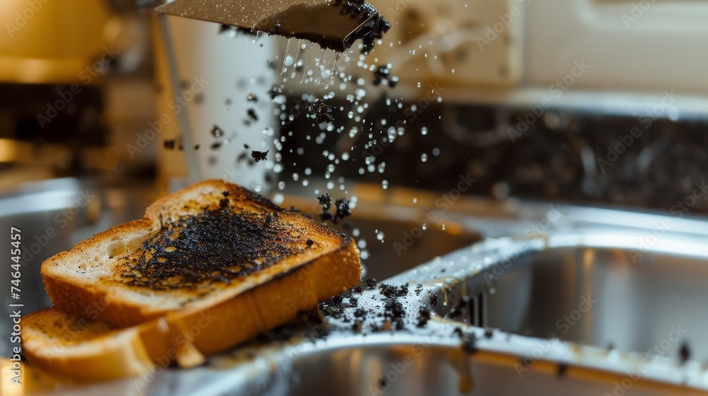 Burnt Toast in the Morning - Someone scraping burnt toast over the sink, a small pile of black crumbs accumulating, with a look of minor annoyance. 
