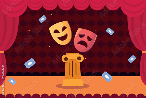 World theatre day. Theatre Comic and tragic mask. Scene with red velvet curtain, wooden floor, tickets and theatrical masks. Vector template for greeting card, party invitation, poster, flyer, banner