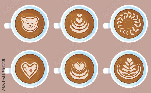 Coffee drinks. Collection of coffee drink with variety latte art heart, rosetta, leaf, bear. Cappuccino, flat white, espresso, americano vector illustrations set. Latte Art with Coffee Cup 