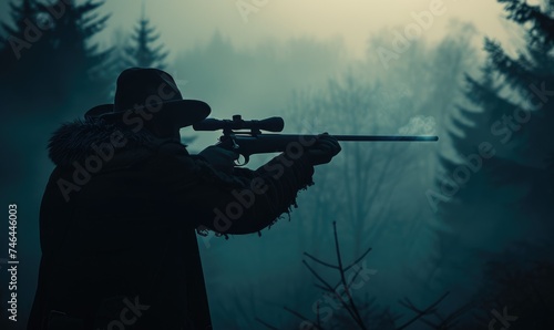 Hunter in holding rifle and shooting at evening forest. photo