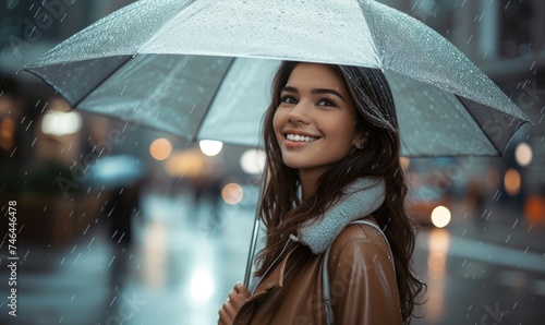 Young girl holding holding a chrome umbrella in rainy day.