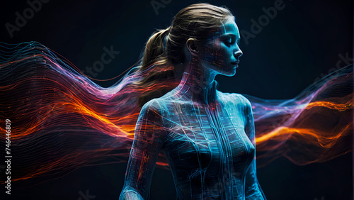 A digital representation of a woman is enhanced by dynamic ribbons of light swirling around her in a dark space