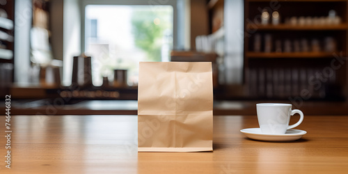 Wight cup coffee beans Big paper coffee Bag packaging Mockup setting mug bag used glass tube with sunlight shadows 