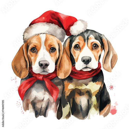 Watercolor Christmas Beagle Couple Dog Clipart isolated on white