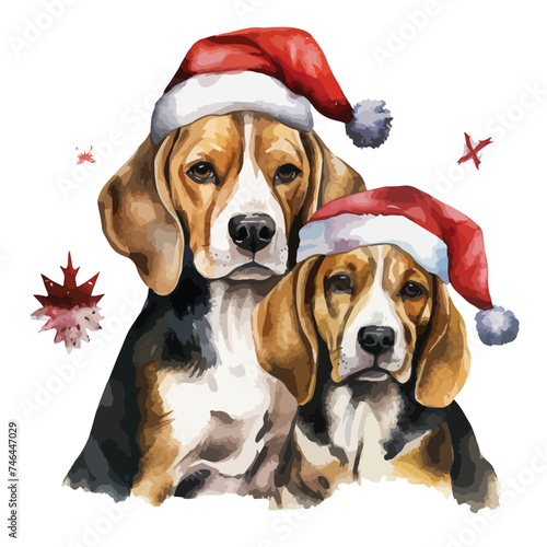 Watercolor Christmas Beagle Couple Dog Clipart  isolated on white © Blue