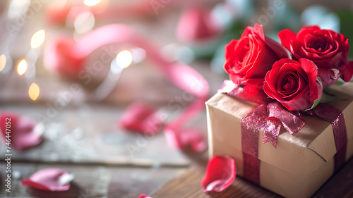 valentine's day concept made from red rose and gift box on wooden background © Uzair