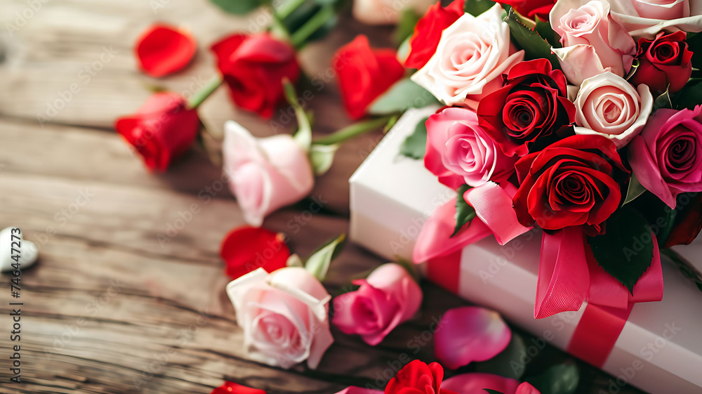 valentine's day concept made from red rose and gift box on wooden background valentine's day concept made from red rose and gift box on wooden background