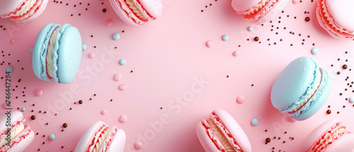 Mockup with macaroons, sweets, decoration. Flat lay. Layout. Minimal background. Pastry food template. Top view. Generative ai