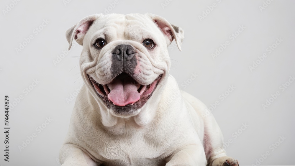 Portrait of White english bulldog on grey background