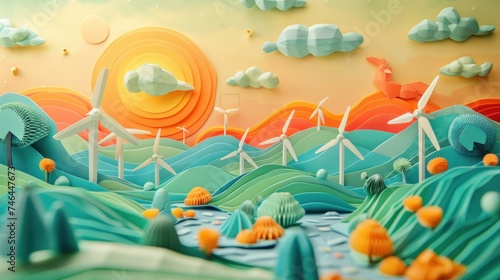 A pop-up scene of renewable energy sources  windmills and solar panels  against a crafted paper landscape