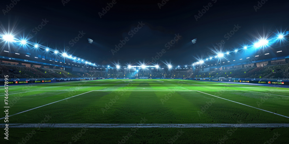 Panoramic view of a soccer video game match at night, floodlights illuminating the pitch, ample text space Panoramic view of a soccer video game match at night, floodlights illuminating the pitch, ample text space