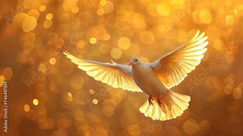 Gentle dove soaring, its silhouette against the sky, embodying purity and grace © Atchariya63