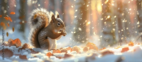 A wild squirrel is standing in the snow in a winter forest, chewing on seeds and peanuts. The squirrels fur is fluffy to keep warm in the cold weather.
