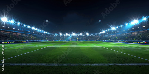 Panoramic view of a soccer video game match at night, floodlights illuminating the pitch, ample text space