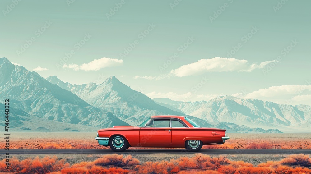 Wide banner of a retro car traveling through a scenic route, mountains in the backdrop, ample space for your message