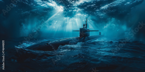 Wide panoramic of a nuclear submarine beneath the sea surface, merging technology with the marine environment, copy space aside