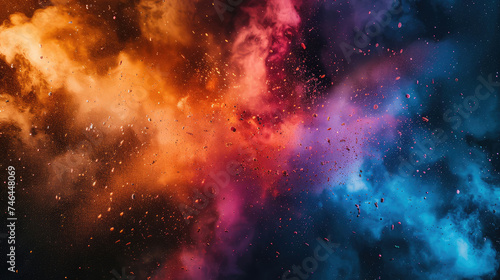 Abstract background, colorful powder explosions on dark background in blue, red, orange