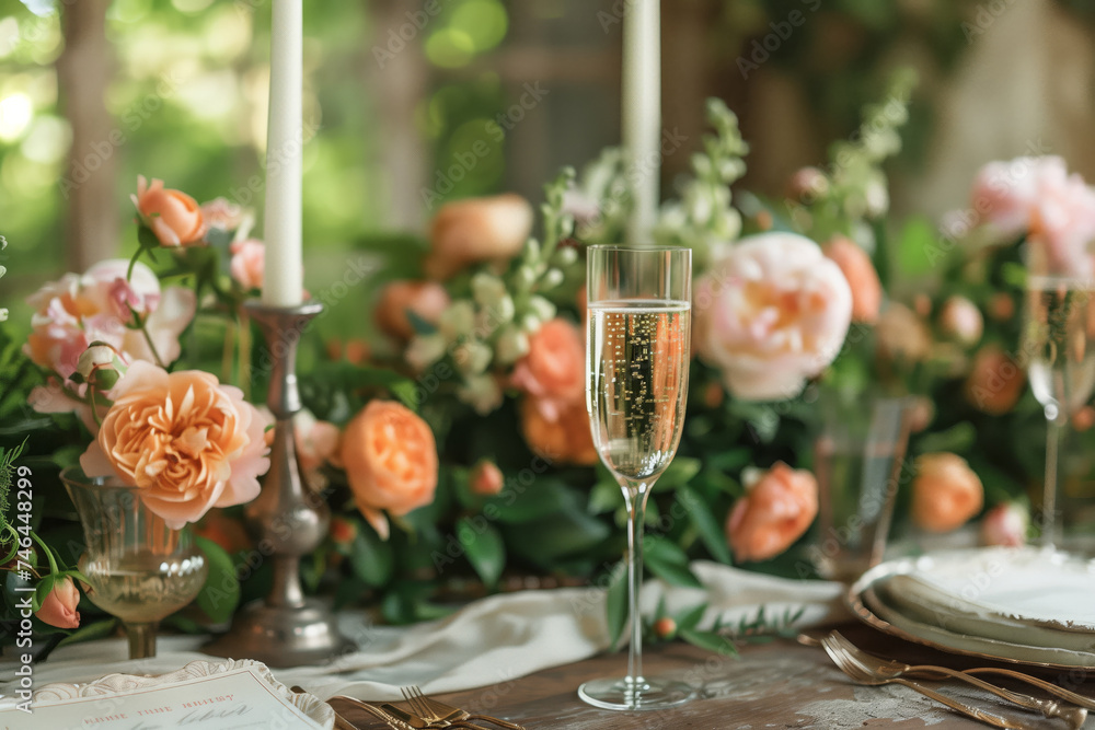 Table decorated with beautiful delicate flowers with a bottle of champagne and glasses, table setting for a holiday, wedding